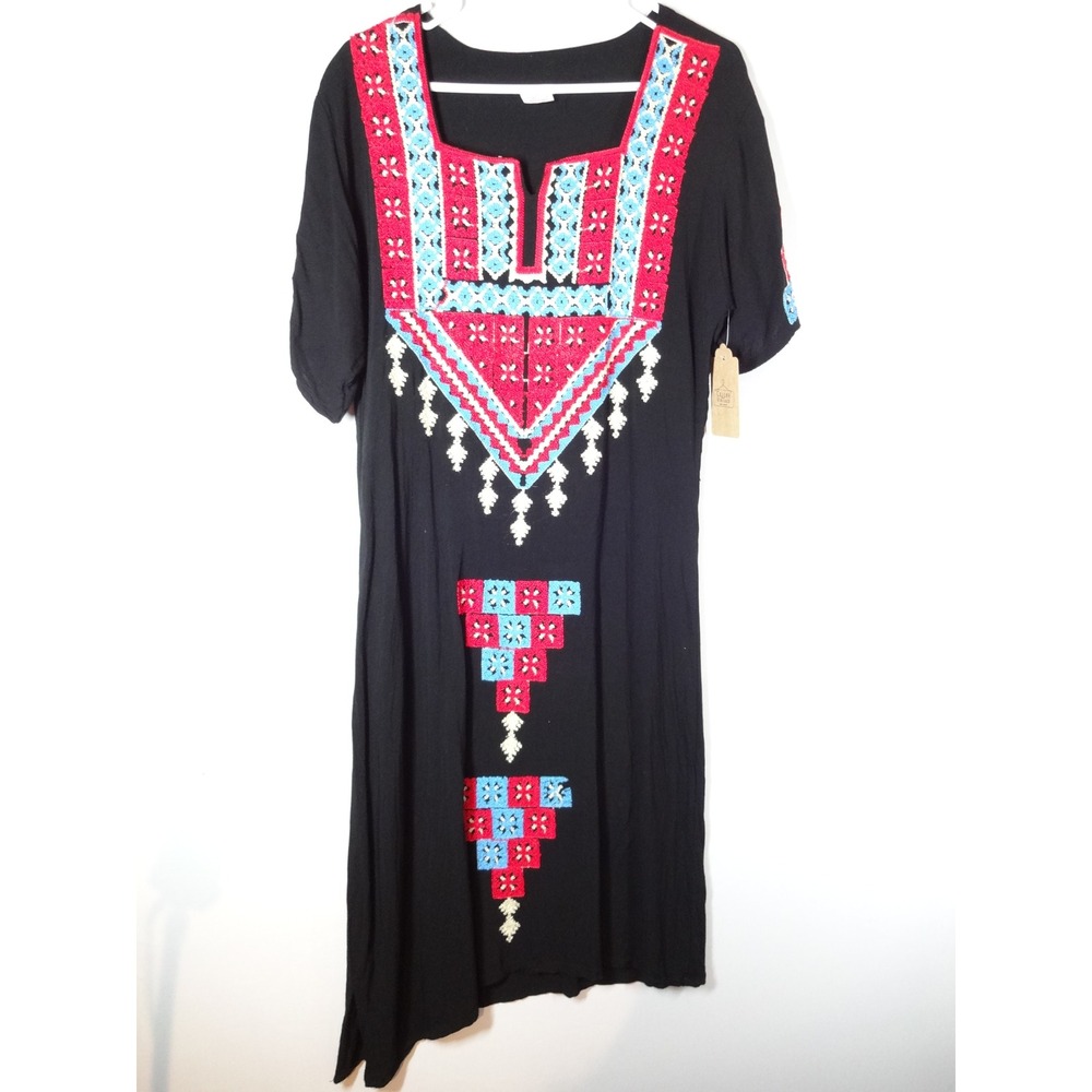 VTG Bursy Egypt Embroidered Midi Dress XL Black Boho Festival Peasant Shift